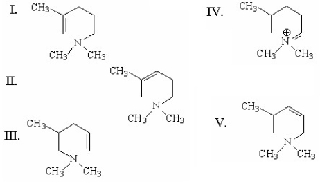 What is the major alkene formed in the following Hofmann elimination?     A) I B) II C) III D) IV E) V