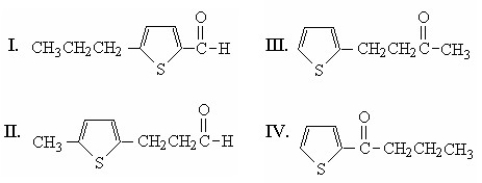 An unknown compound has the formula C<sub>8</sub>H<sub>10</sub>OS, and is known to contain a thiophene ring. The proton NMR spectrum of this compound is: δ0.98, triplet, 3H Δ1) 74, multiplet, 2H Δ2) 80, triplet, 2H Δ7) 04, multiplet, 1H Δ7) 55, multiplet, 2H What is the structure of this unknown?   A) I B) II C) III D) IV