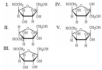 Which of the following is the Haworth projection of a α-D-tagatofuranose?     A) I B) II C) III D) IV E) V