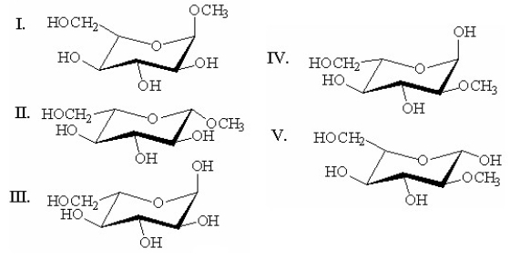 Which of the following is methyl-α-D-glucopyranoside?   A) I B) II C) III D) IV E) V