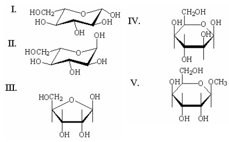 Which of the following compounds is a nonreducing sugar?   A) I B) II C) III D) IV E) V