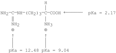 What is the pI of arginine? The structure and pKa values are shown below.   A) 10.76 B) 7) 90 C) 5) 61 D) 7) 33 E) 9) 67