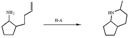 The reaction below occurs by a general-acid catalyzed mechanism. Use curved arrows to illustrate the ring-forming step of the mechanism.  