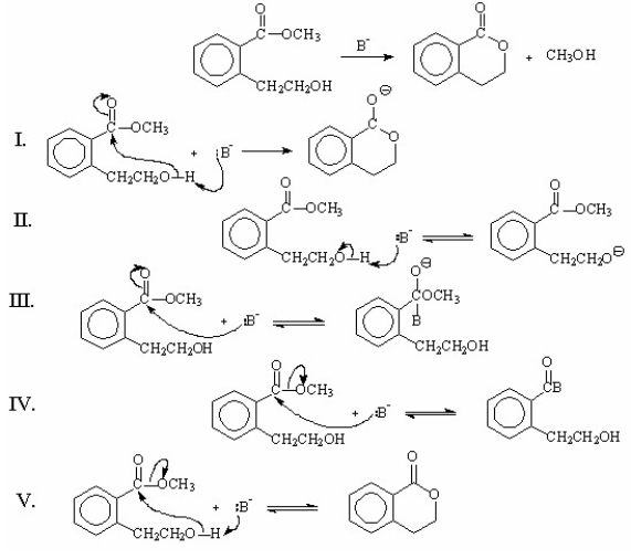 Which of the following represents the first step(s) in the mechanism involving general-base catalysis for the reaction shown below?   A) I B) II C) III D) IV E) V