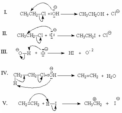 Which of the following is a step in the mechanism of the reaction shown below?     A) I B) II C) III D) IV E) V