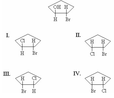A pure sample of the trans-2-bromocyclopentanol enantiomer shown below reacts with HCl. The reaction proceeds by way of a bromonium ion. What is/are the product(s) of the reaction?   A) I only B) II only C) I and III D) II and IV
