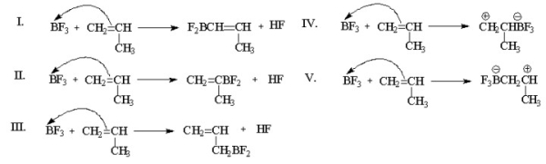 Which of the following is the chain-initiating step in the cationic polymerization of propene?   A) I B) II C) III D) IV E) V