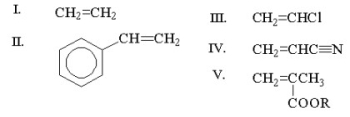 <strong>Which of the following is more likely to undergo both radical and cationic polymerization? </strong> A)I B)II C)III D)IV E)V