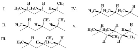Which of the following polymers is arranged in an isotactic configuration?   A) I B) II C) III D) IV E) V