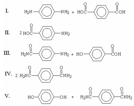 What monomers formed the following polymer?     A) I B) II C) III D) IV E) V