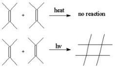 Explain why the following (2+2)cycloaddition reaction would work under photochemical conditions but not under thermal conditions.  