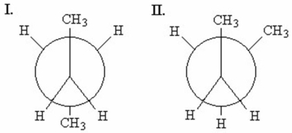 Which of the following best explains the reason for the relative stabilities of the conformers shown?   A) I has more torsional strain. B) I has more steric strain. C) II has more torsional strain. D) II has more steric strain.