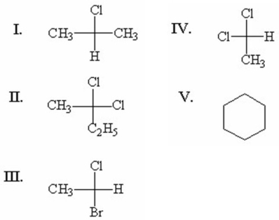 Which of the following compounds has an asymmetric center?   A) I B) II C) III D) IV E) V