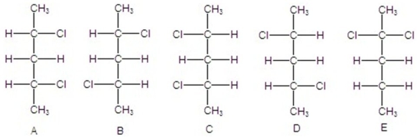Identify all pairs of enantiomers.   A) B and D,A and C B) A and C C) B and D D) A and B,A and D,B and C,C and D E) B and D,A and B,A and D,B and C,C and D