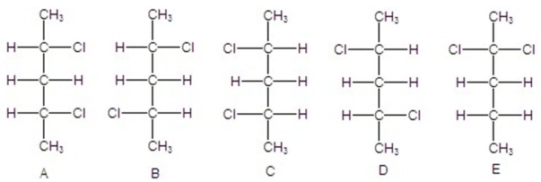 Identify all identical compounds.   A) B and D,A and C B) A and C C) B and D D) A and B,A and D,B and C,C and D E) B and D,A and B,A and D,B and C,C and D