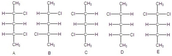 Identify all pairs of diastereomers.   A) B and D,A and C B) A and C C) B and D D) A and B,A and D,B and C,C and D E) B and D,A and B,A and D,B and C,C and D