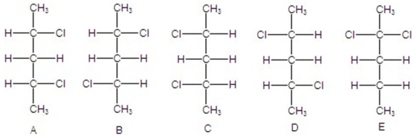 Identify all meso compounds.   A) B and D,A and C B) A and C C) B and D D) A and B,A and D,B and C,C and D E) B and D,A and B,A and D,B and C,C and D