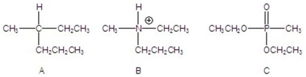 Identify the compounds that have an asymmetric center.   A) A B) B C) C D) A and B E) A,B,and C