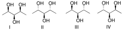 Which of the following molecules will not rotate the plane polarized light?   A) I and II B) III and IV C) I and III D) I and IV E) all of the above