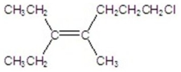 Name the structure.   A) 7-chloro-3-ethyl-4-methyl-3-heptene B) 1-chloro-5-ethyl-4-methyl-3-heptene C) 1-chloro-3-pentenyl-2-pentene D) cis-7-chloro-3-ethyl-4-methyl-3-heptene E) trans-7-chloro-3-ethyl-4-methyl-3-heptene