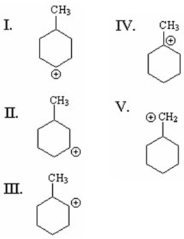 Which of the following is the most stable carbocation?   A) I B) II C) III D) IV E) V