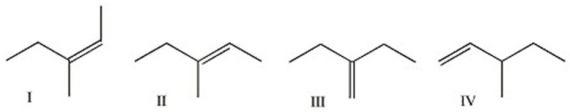 Which of the following alkenes yield(s) 3-bromo-3-methylpentane as the major product upon addition of HBr?   A) I and II only B) III only C) I,II,and III only D) all of them E) none of them
