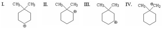 Which of the following carbocations is likely to rearrange?   A) I B) II C) III D) IV E) II and IV