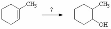 What reagents are needed to accomplish the following transformation?   A) H<sub>2</sub>O/H<sup>+</sup> B) H<sub>2</sub>O/Peroxide C) OH<sup>-</sup> D) BH<sub>3</sub> E) 1) BH<sub>3</sub>/ 2.HO<sup>-</sup>,H<sub>2</sub>O<sub>2</sub>,H<sub>2</sub>O