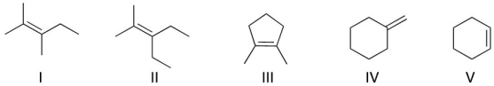Hydrogenation of which of the following would generate an optically active product?   A) I B) II C) III D) IV E) V