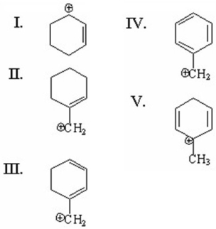 Which of the following is a benzylic cation?   A) I B) II C) III D) IV E) V