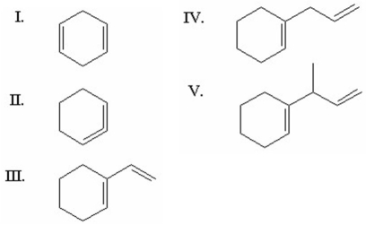 Which of the following is the most stable diene?   A) I B) II C) III D) IV E) V