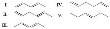 Which of the following is a cumulated diene?   A) I B) II C) III D) IV E) V
