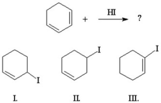 Which of the following is/are the major product(s) of the following reaction?   A) I B) I and II C) I and III D) II E) III