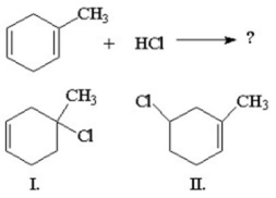What is/are the product(s) from the following reaction?   A) I only B) II only C) I is minor,II is major D) I is major,II is minor E) equal amounts of I and II