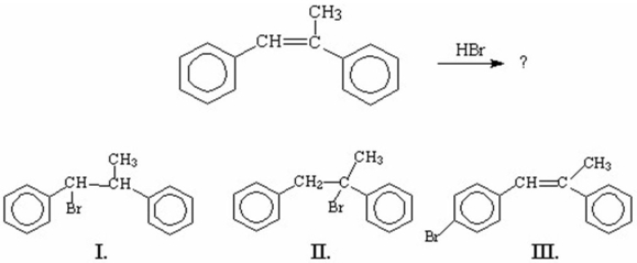 Which of the following is/are the major product(s) of the following reaction?   A) I B) I and III C) II D) II and III E) III