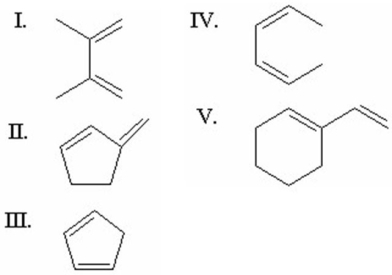 Which of the following dienes is the most reactive in a Diels-Alder reaction?   A) I B) II C) III D) IV E) V