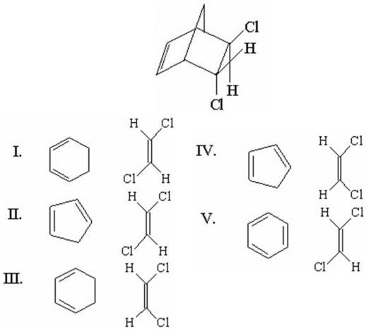 What diene and what dieneophile would be used to synthesize the following compound?   A) I B) II C) III D) IV E) V