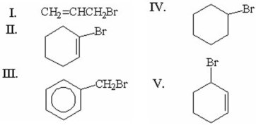 Which of the following can't undergo nucleophilic substitution reactions?   A) I B) II C) III D) IV E) V