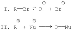 Consider the following reaction mechanism:   What effect will the following have on the rate? a.addition of Br<sup>-</sup> b.using a more polar solvent c.using a stronger nucleophile d.using a more concentrated nucleophile