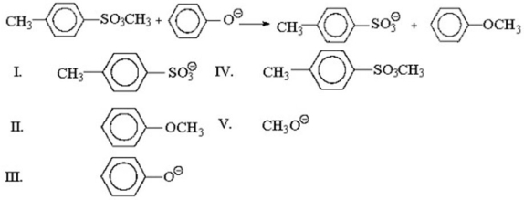 What is the leaving group in the reaction shown below?   A) I B) II C) III D) IV E) V