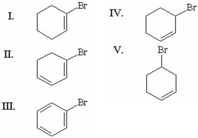 Which of the following alkyl halides forms the most stable carbocation when it undergoes an E1 reaction?   A) I B) II C) III D) IV E) V