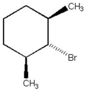 Why is the alkyl halide below not capable of undergoing an E2 reaction upon treatment with sodium ethoxide?   A) Br<sup>-</sup> is too poor a leaving group. B) The substrate is too hindered. C) Too much angle strain would be present in the alkene product. D) Sodium ethoxide is a poor base to use in E2 reactions. E) The C-H and C-Br bonds which need to break cannot achieve an anti-periplanar orientation.