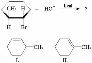 Which of the compounds shown below is/are the product(s) of this reaction?   A) I only B) II only C) I and II are of equal yield. D) I is major,II is minor. E) I is minor,II is major.