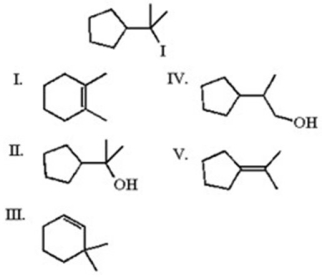Which of the following is least likely to be found in the product mixture which results when the alkyl iodide below is heated in water?   A) I B) II C) III D) IV E) V