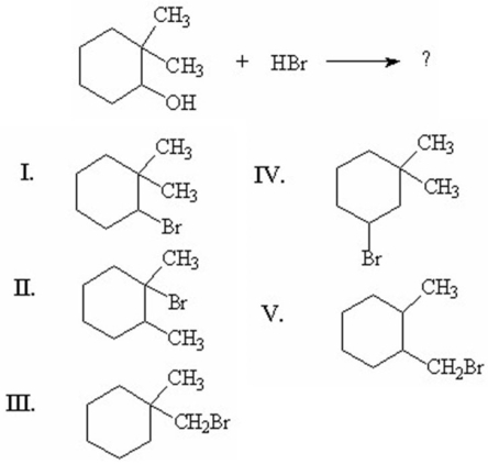 What is the major product of the following reaction?   A) I B) II C) III D) IV E) V
