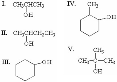 Which of the following alcohols gives a rearranged carbocation when dehydrated?   A) I B) II C) III D) IV E) V