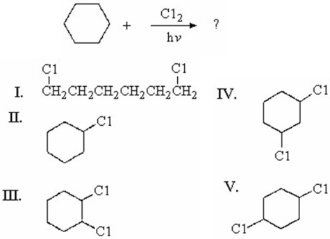 What is the major product of the following reaction?   A) I B) II C) III D) IV E) V