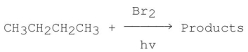 Consider the following monobromination reaction,then answer the following questions.   a)Give the structures and the IUPAC names for the products. b)Give the common names for the products. c)Calculate ΔH° for the overall reaction using the following data for the indicated bond dissociation energies:   d)Calculate the percent yield for each product.(relative rate of abstraction of 3° hydrogen is 1600; 2° is 82; and 1° is 1.) e)Propose a step-by-step mechanism for the major product only. f)Draw a schematic potential energy diagram for the rate-determining step (RDS)only. g)Does the transition state of the RDS resemble more closely the reactants or the products? h)Would the value of the activation energy be different for different alkanes? Explain. i)Would the reaction slow down or speed up if I<sub>2</sub> is used instead of Br<sub>2</sub>? Explain.