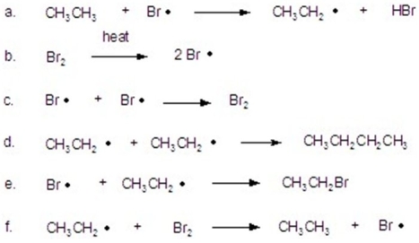 Identify as initiation,propagation,or termination.   A) initiation = b; propagation = a,c,g; termination = d,e,f B) initiation = c,d,e; propagation = b; termination = a,f C) initiation = b; propagation = c,d,e; termination = a,f D) initiation = b; propagation = a,f; termination = c,d,e E) initiation = a,f; propagation = c,d,e; termination = b