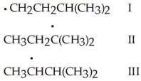 Rank the free radicals (I-III) shown below in order of decreasing stability (i.e.,from most stable to least stable) .   A) I > III > II B) II > III > I C) I > II > III D) II > I > III E) III > II > I